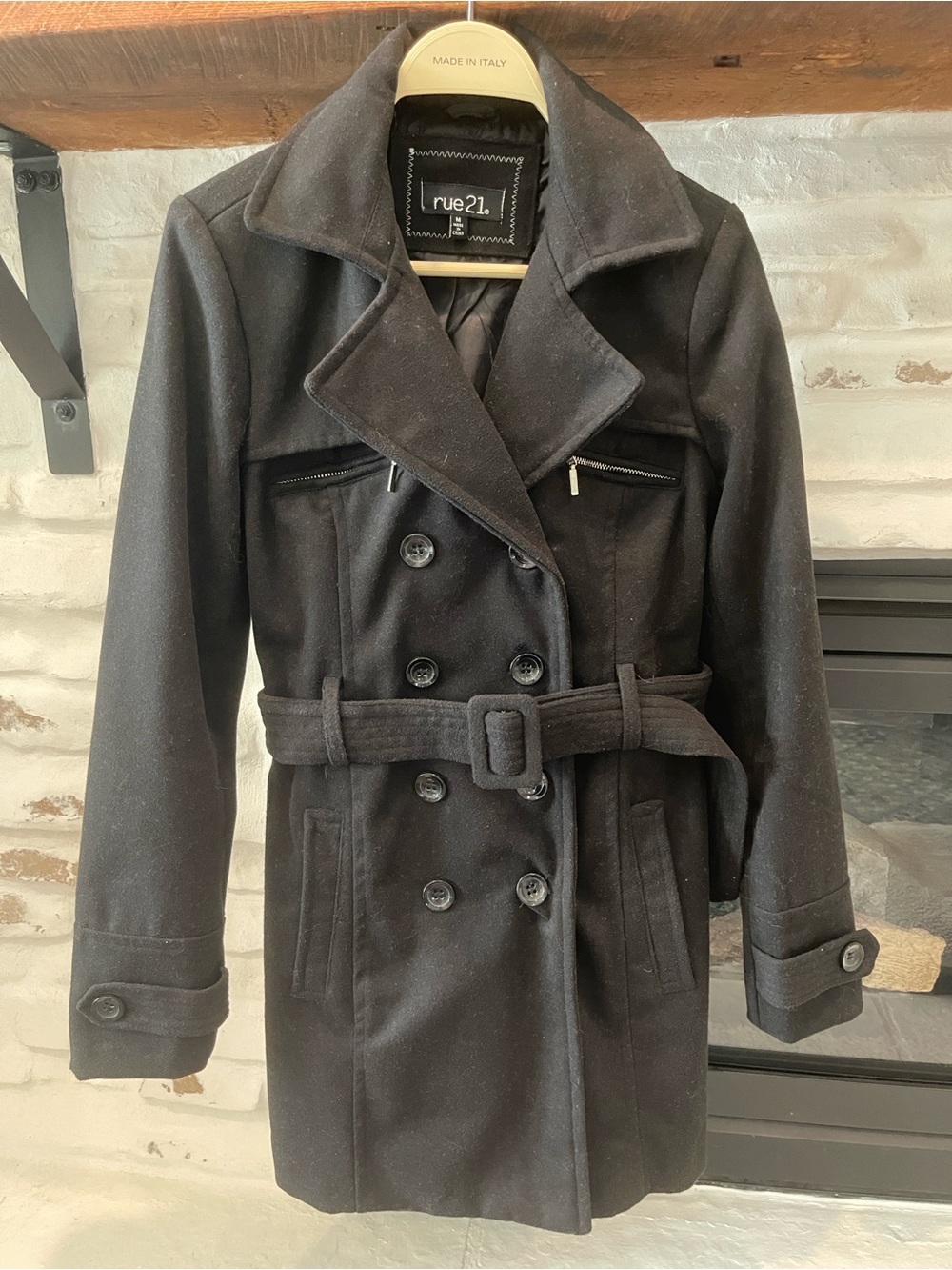 rue21 Women's Black Double-Breasted Belted Pea Coat